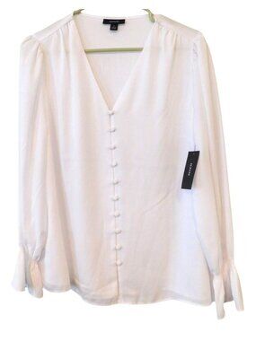 NWT Alfani S White Blouse Top V-Neck Button Front Flowy Quiet Luxury